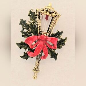 Vintage Hollycraft Christmas Lantern Brooch Pin with Holly and Red Bow